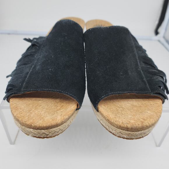Ugg Sandals 8 Black Suede Leather Fringe Boho Peep Toe Wedges Mules Espadrille - Picture 5 of 14